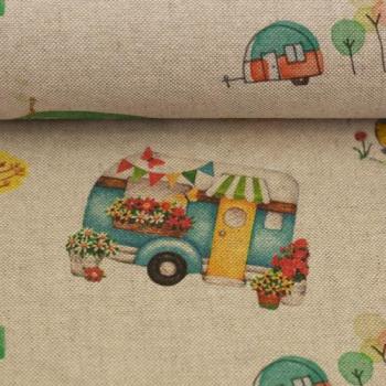 Dekodruck Bunte Wohnwägen auf Beige